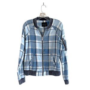 Sanctuary Lightweight Blue Plaid Cotton Bomber Jacket